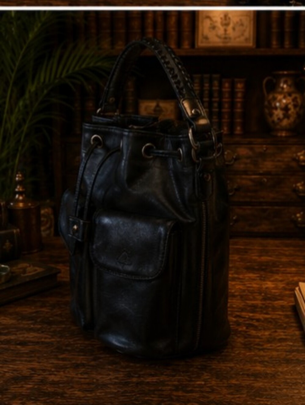 Patricia Nash Black Leather ALMA Bucket Messenger Bag w/ Drawstring-3 Straps NWT - Picture 3 of 10